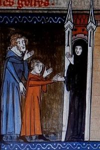 Sainte Marine présentée au monastère (en rouge). Jacobus de Voragine, "Légende dorée", enluminure, XIV siècle Sainte Marine présentée au monastère (en rouge). Jacobus de Voragine, "Légende dorée", enluminure, XIV siècle