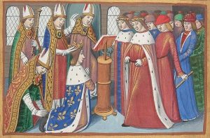 Sacre de Charles VII à Reims / Enluminure du manuscrit de Martial d'Auvergne "Les vigiles de la mort de Charles VII", vers 1484