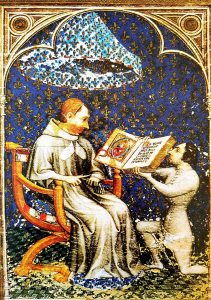 Jean de Vaudetar offre sa bible au roi Charles V, enluminure de Hennequin de Bruges, vers 1372 